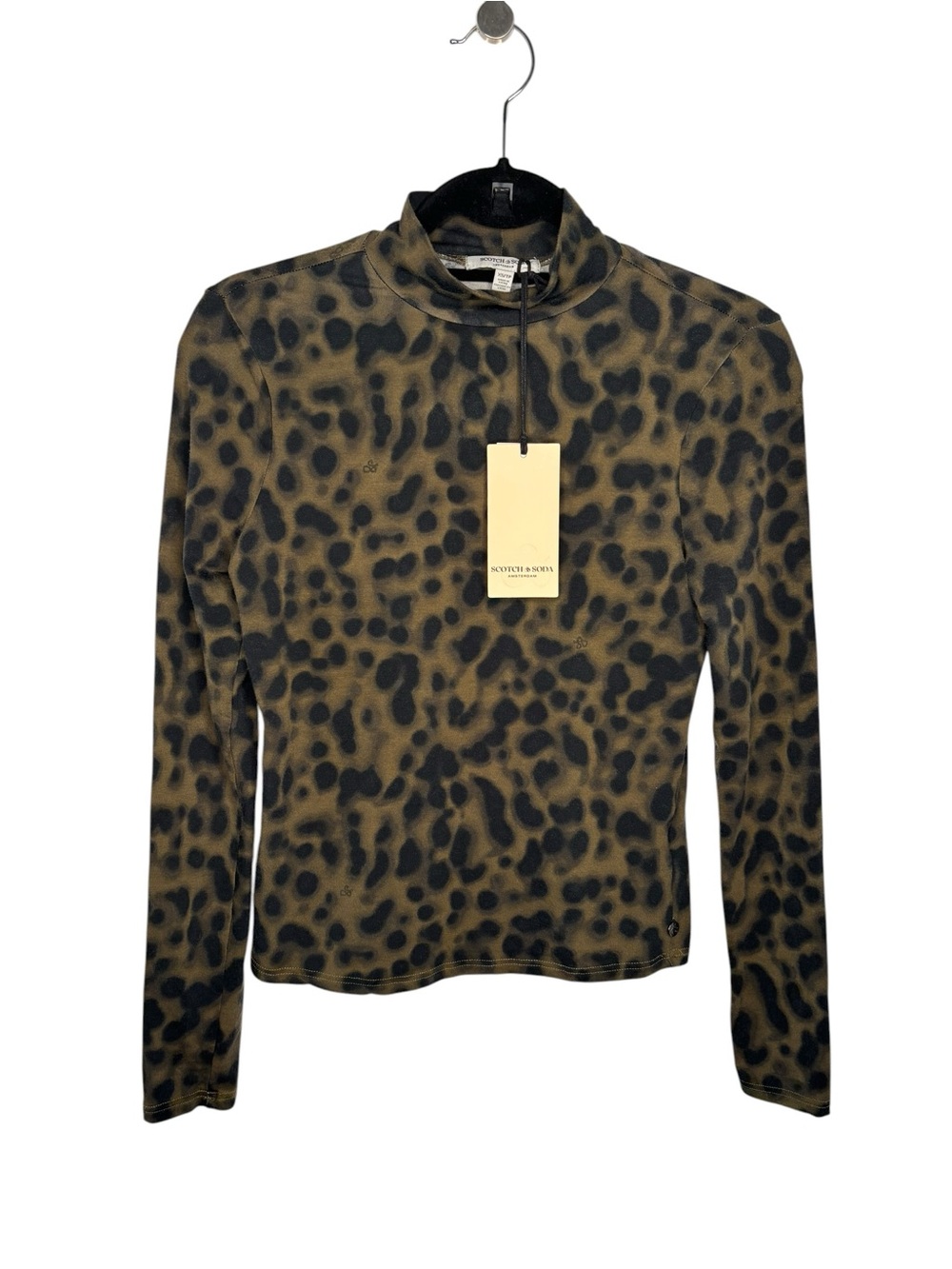 New Scotch & Soda Olive Green and Black Leopard Mock Neck XS Top